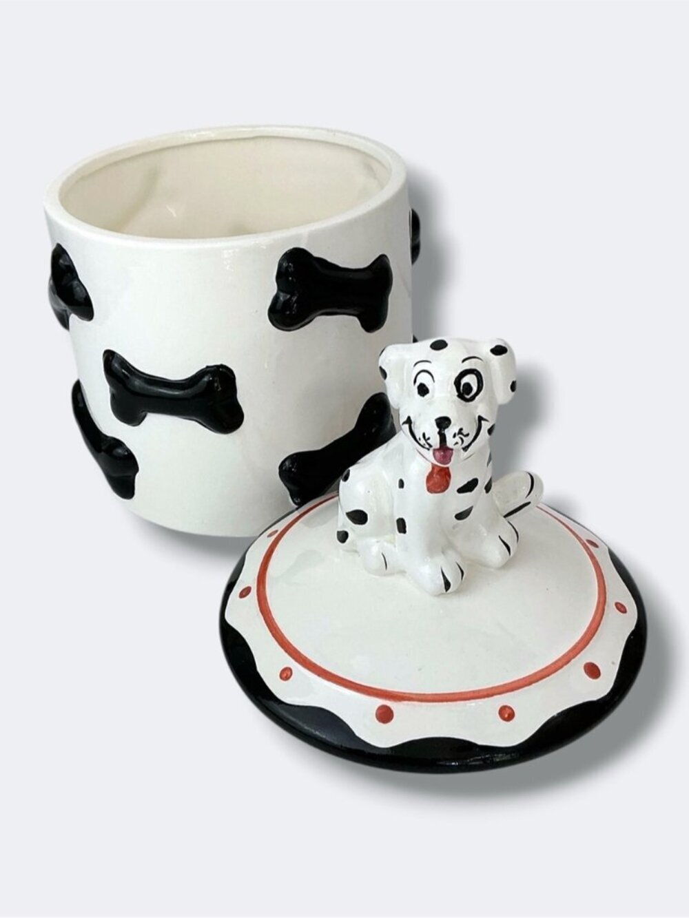 101 Dalmatians Cookie Treat Jar White Black Bones Red Accents Vintage 1993 - Picture 2 of 16